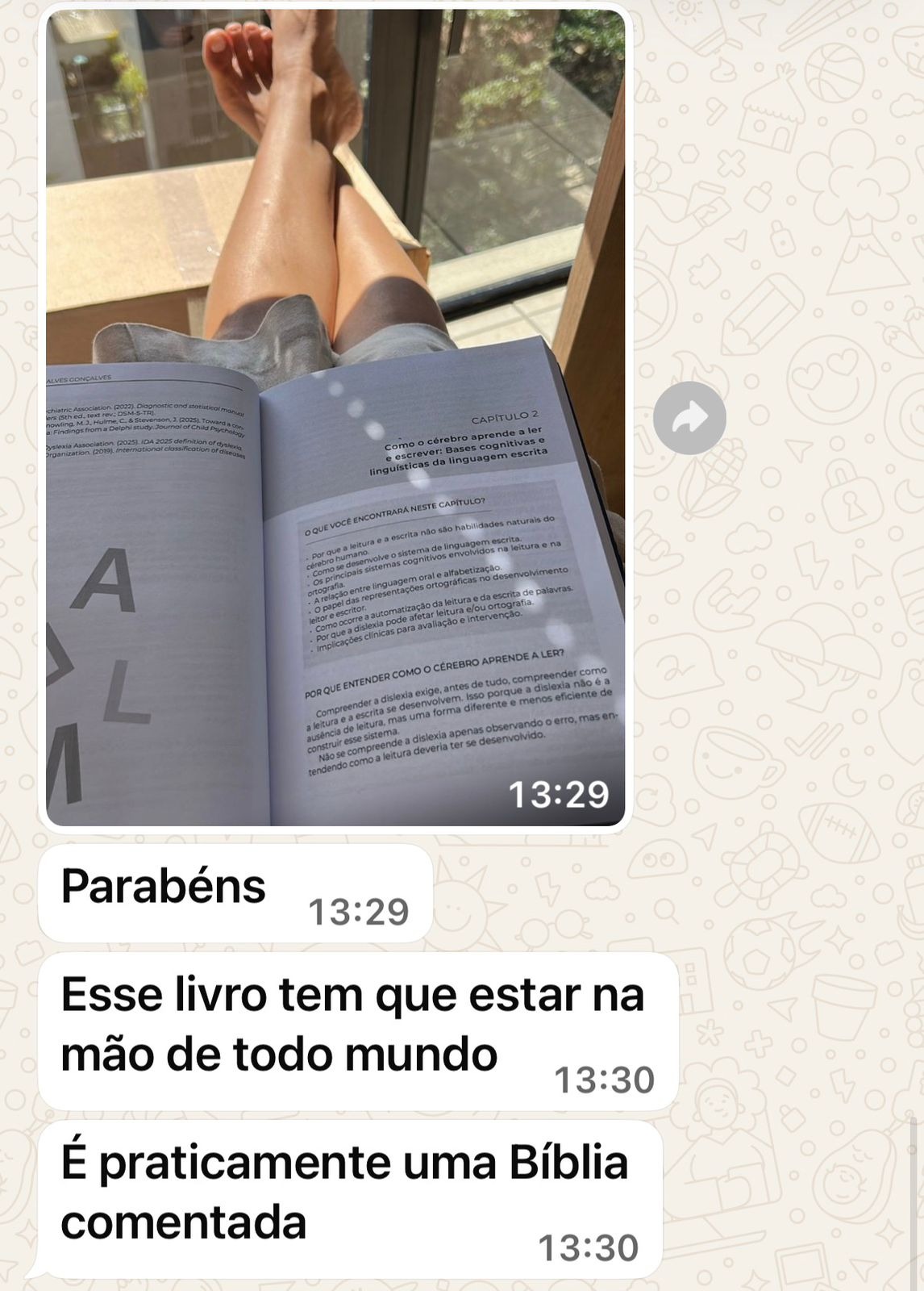 Conversa de WhatsApp com foto do livro aberto no capítulo 2 e a mensagem: Esse livro tem que estar na mão de todo mundo, é praticamente uma Bíblia comentada